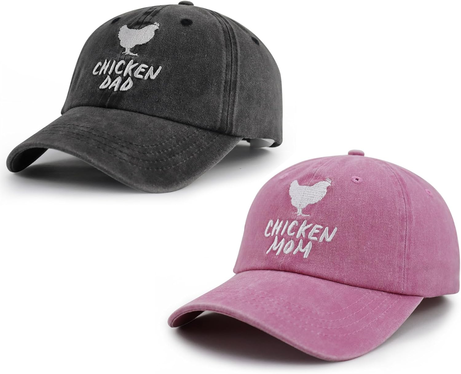 2PCS Chicken Dad and Chicken Mom Hat, Funny Adjustable Washed Cotton Embroidered Farm Baseball Cap - Image 2
