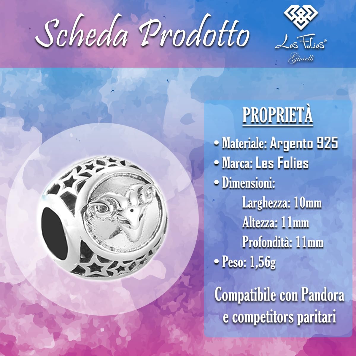 Charm dello Zodiaco Capricorno oroscopo segno zodiacale in argento 925 - Les Folies per Pandora