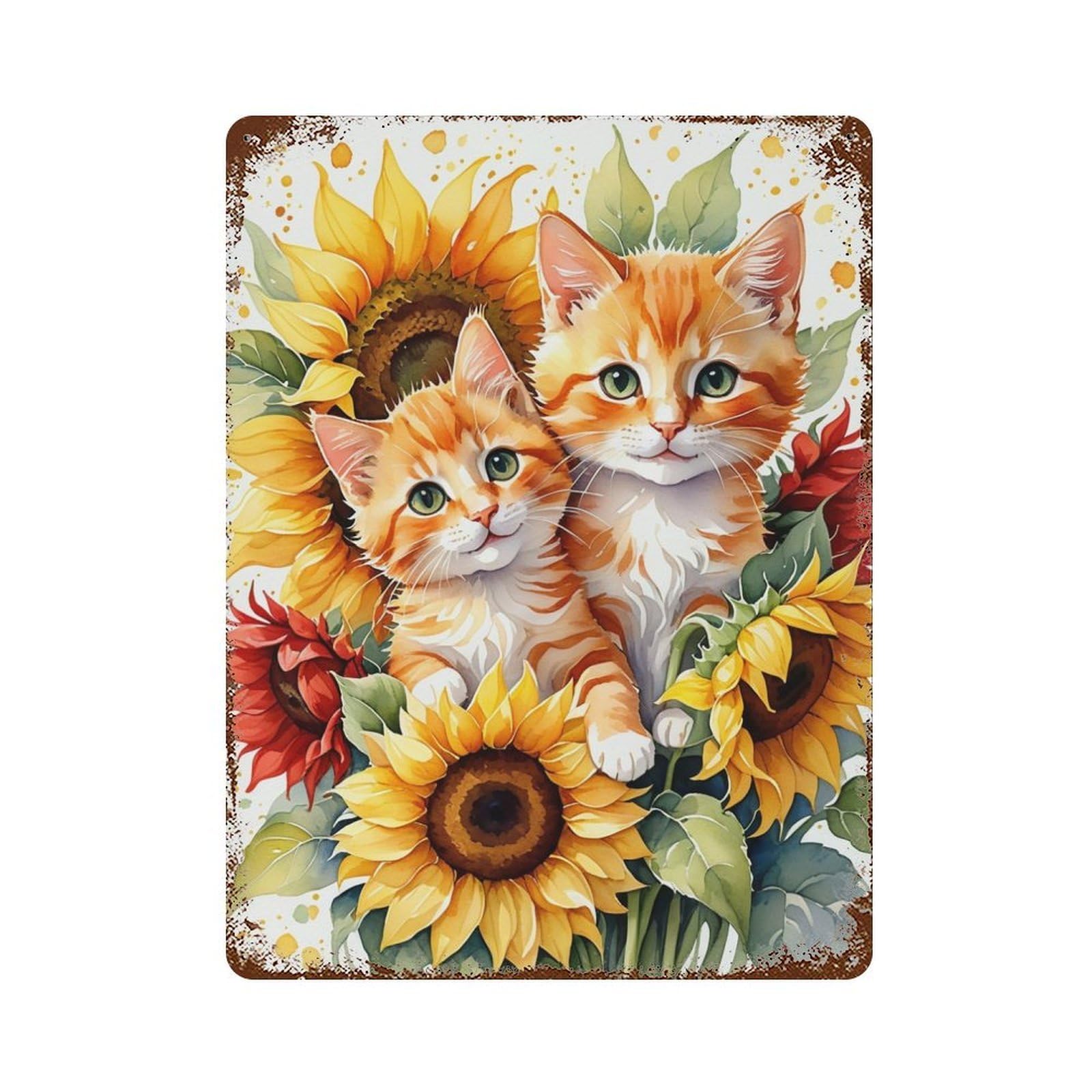 Sunflower Kittens Art Print Aged Metal Wall Plaque 15.7"x11.8", Classic Wall Plaque for Garage, Pub Or Kitchen