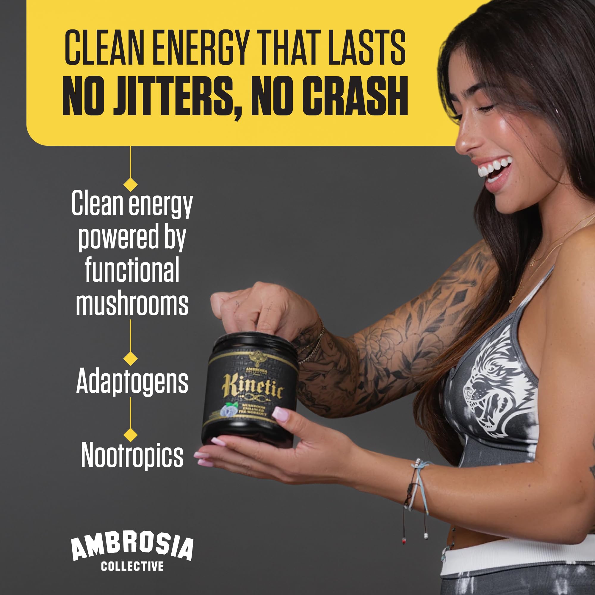 Ambrosia Kinetic - Organic Pre Workout Powder | Mushroom-Enhanced Natural Pre Workout | Nootropic Superfood Powder for Clean Energy, Focus, Recovery | 24 Servings | Strawberry Guava