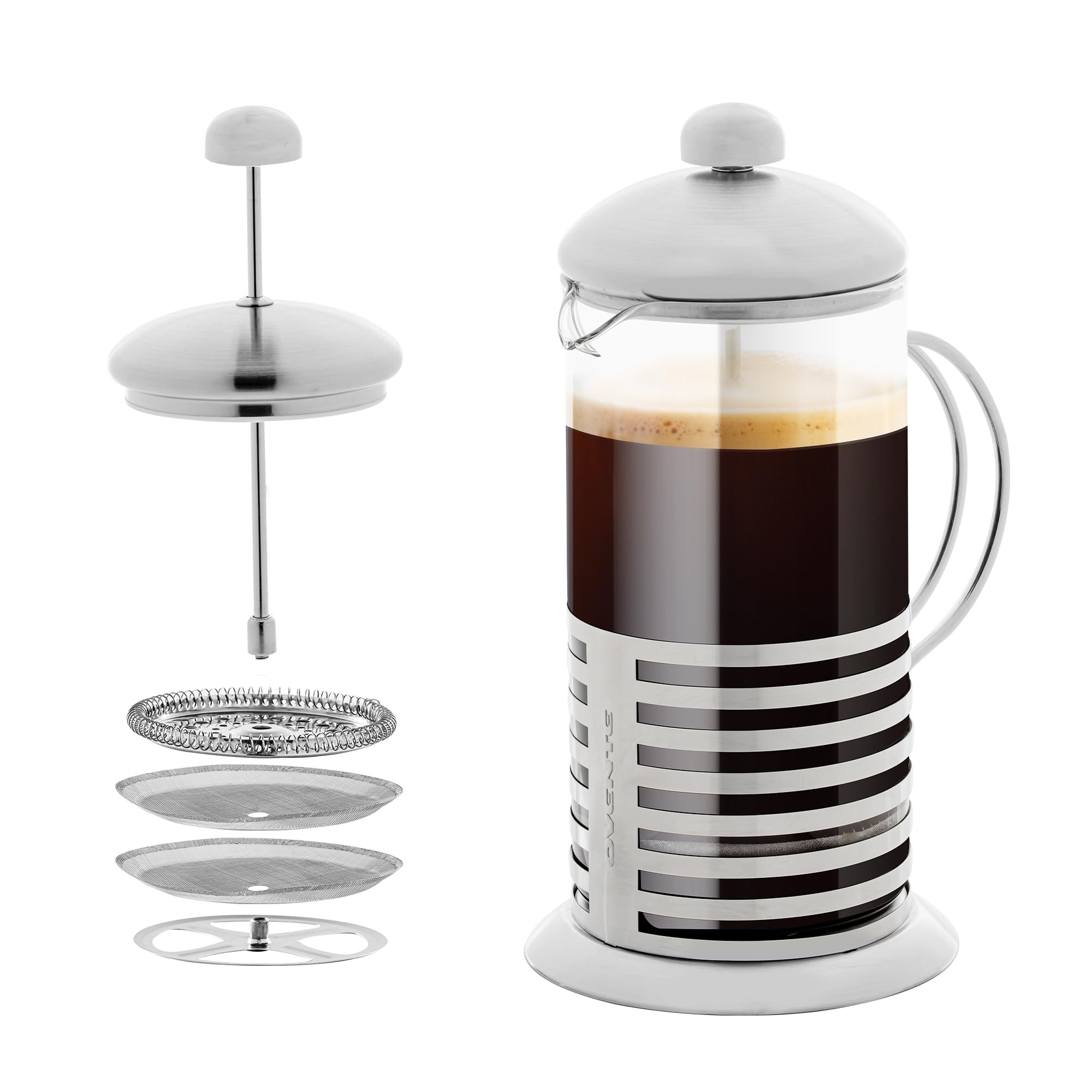 OVENTE French Press Coffee Maker 34 Ounce with Heat Resistant Borosilicate Glass, Stainless Steel Design and 4-Level Filter System, Portable Cold