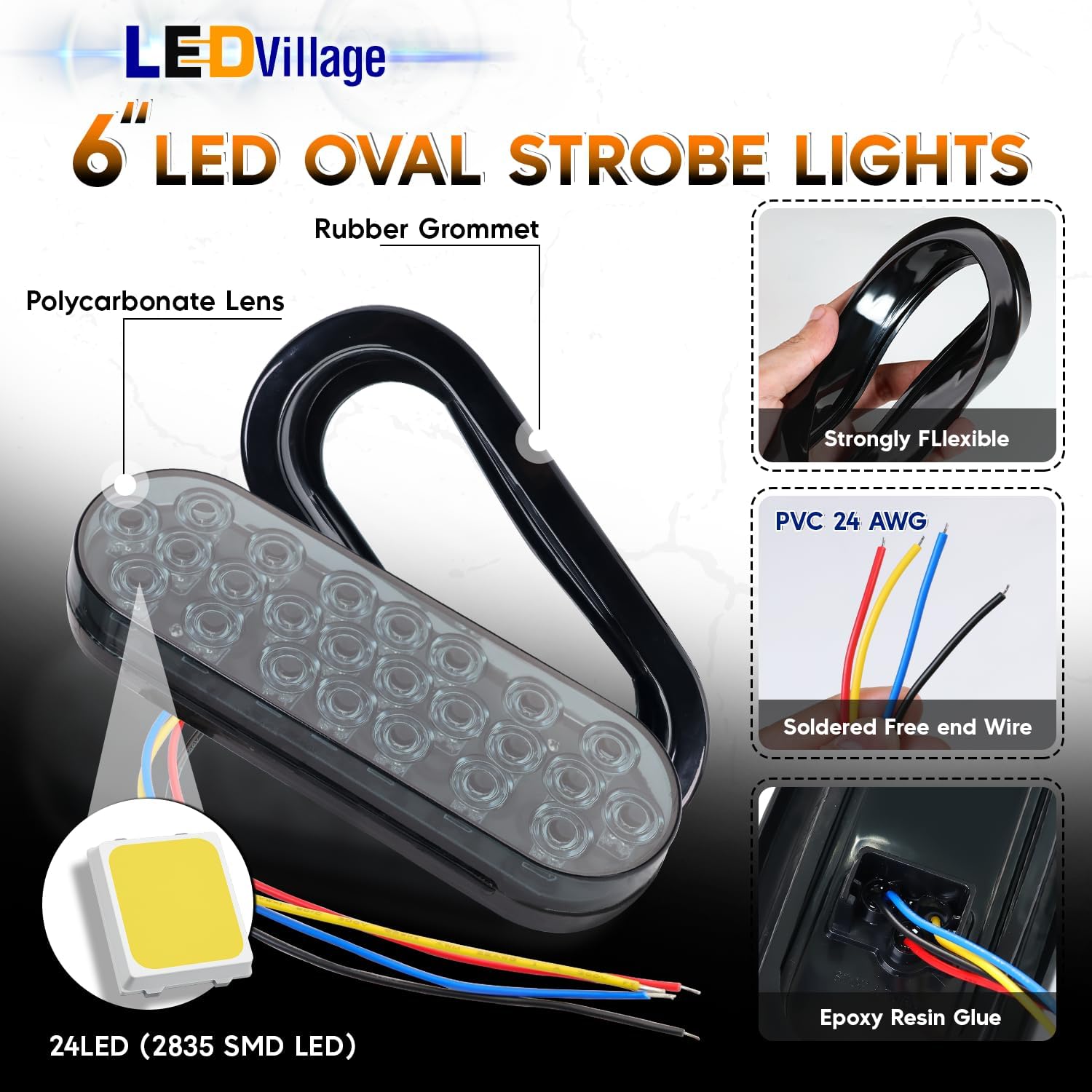 6" Smoked Lens Amber Strobe Tail Lights – 4 Pack | 24 LED Oval Trailer Lights with Triple Flash Patterns | Flush Mount Waterproof Brake Turn Stop Lights for Truck, RV, Bus, 12V DC