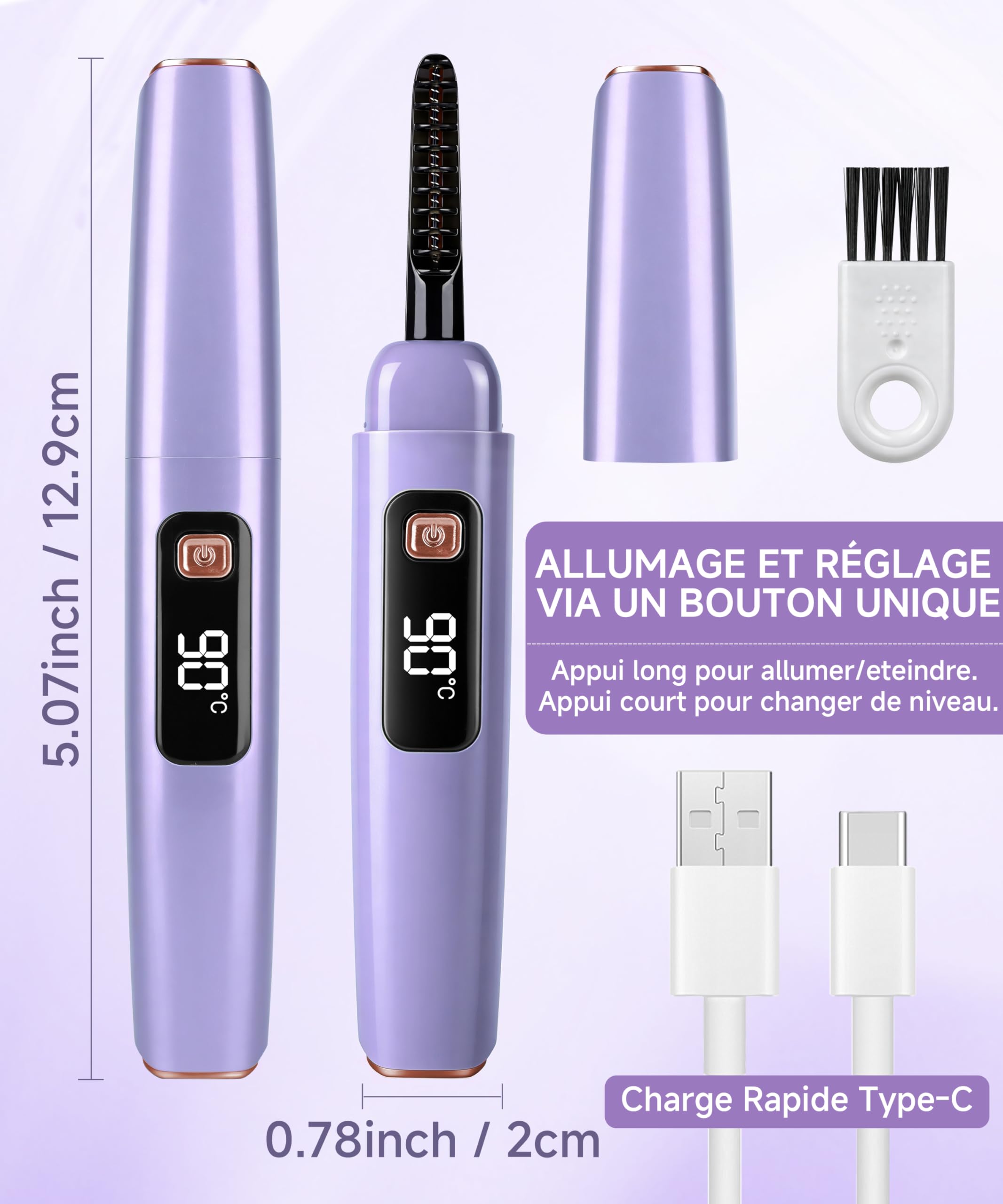 Recourbe-Cils Chauffant S800, LED, 6 Niv, USB-C, Violet/Or Rose | Obtenez une courbure parfaite et durable en 10s grâce à ce recourbe-cils chauffant à 6 températures et rechargeable USB-C.