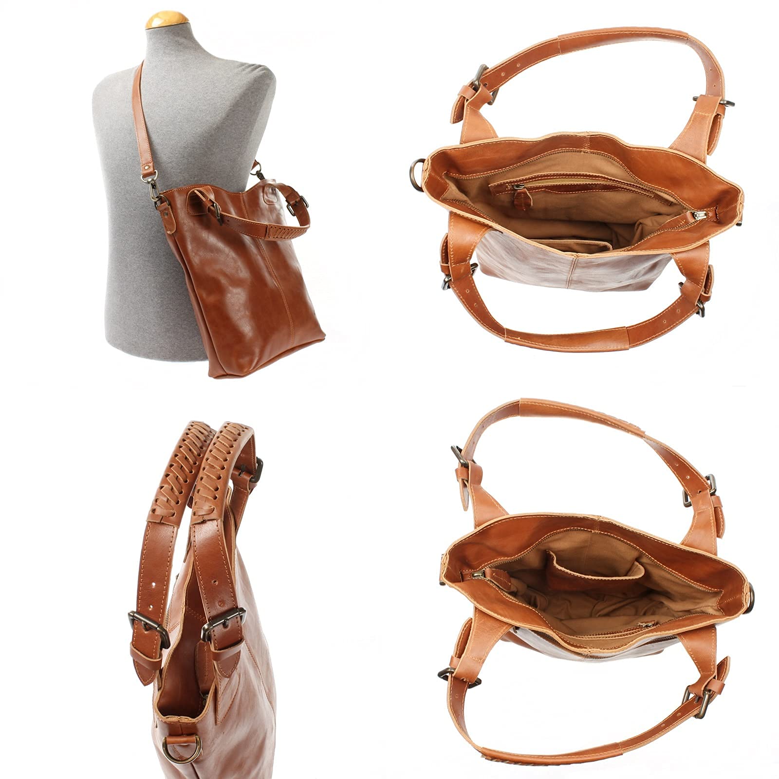 LECONI Henkeltasche Echtleder Vintage-Look Damentasche für Shopping Handtasche für Damen Leder Shopper mit Trageriemen Beuteltasche für die Arbeit, Büro oder Alltag 34x35x10cm LE0054