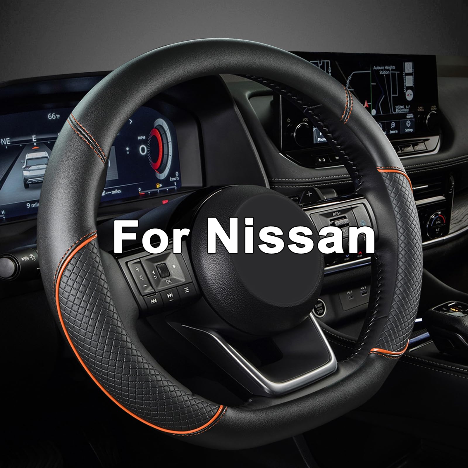 Funda de volante con diseño de panda gigante en forma de D para Nissan Rogue Kicks, personalizada para Nissan Altima Sentra, línea naranja negra en forma de D.