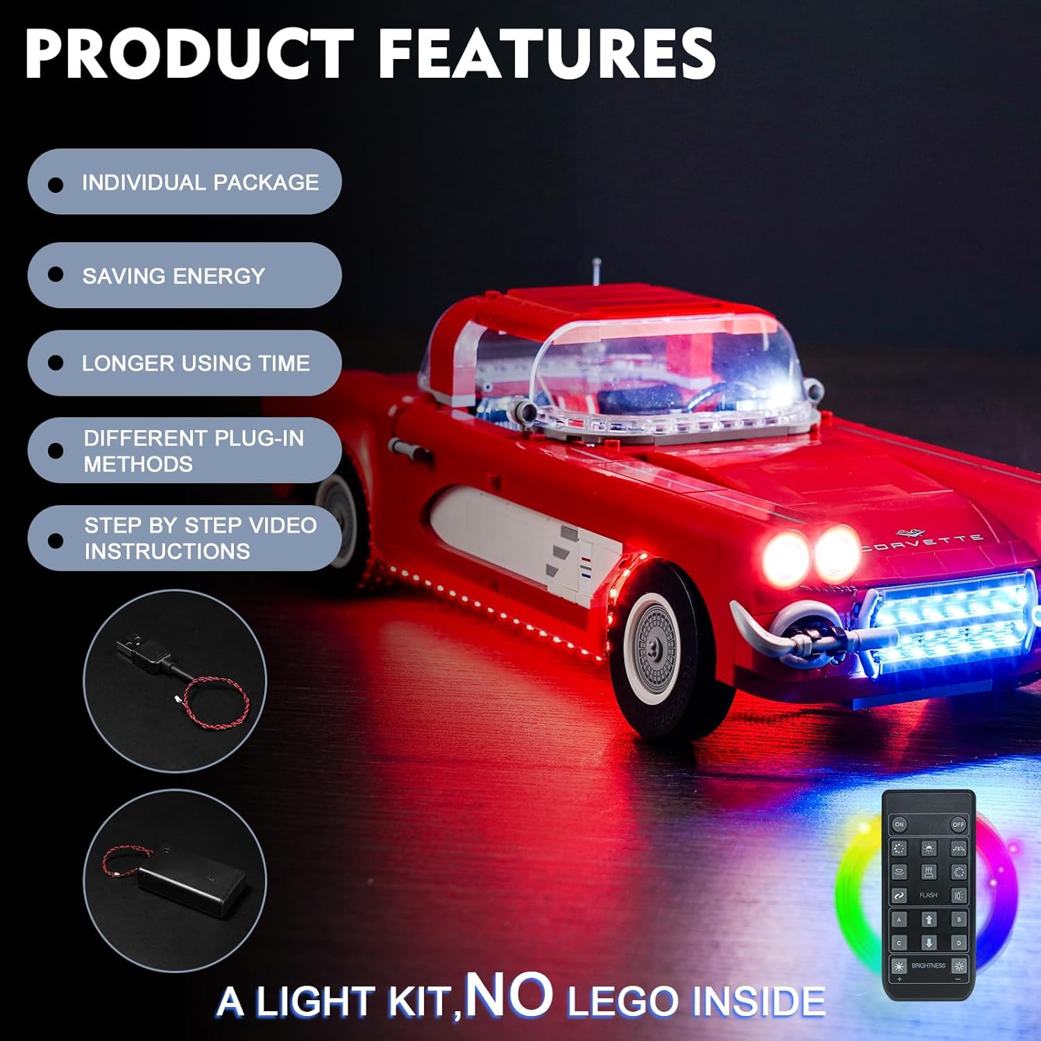 BrickBling LED Light Kit Compatible with Lego 10321 Chevrolet Corvette, Remote Control Version Lighting Compatible with Lego Corvette- No Model Included