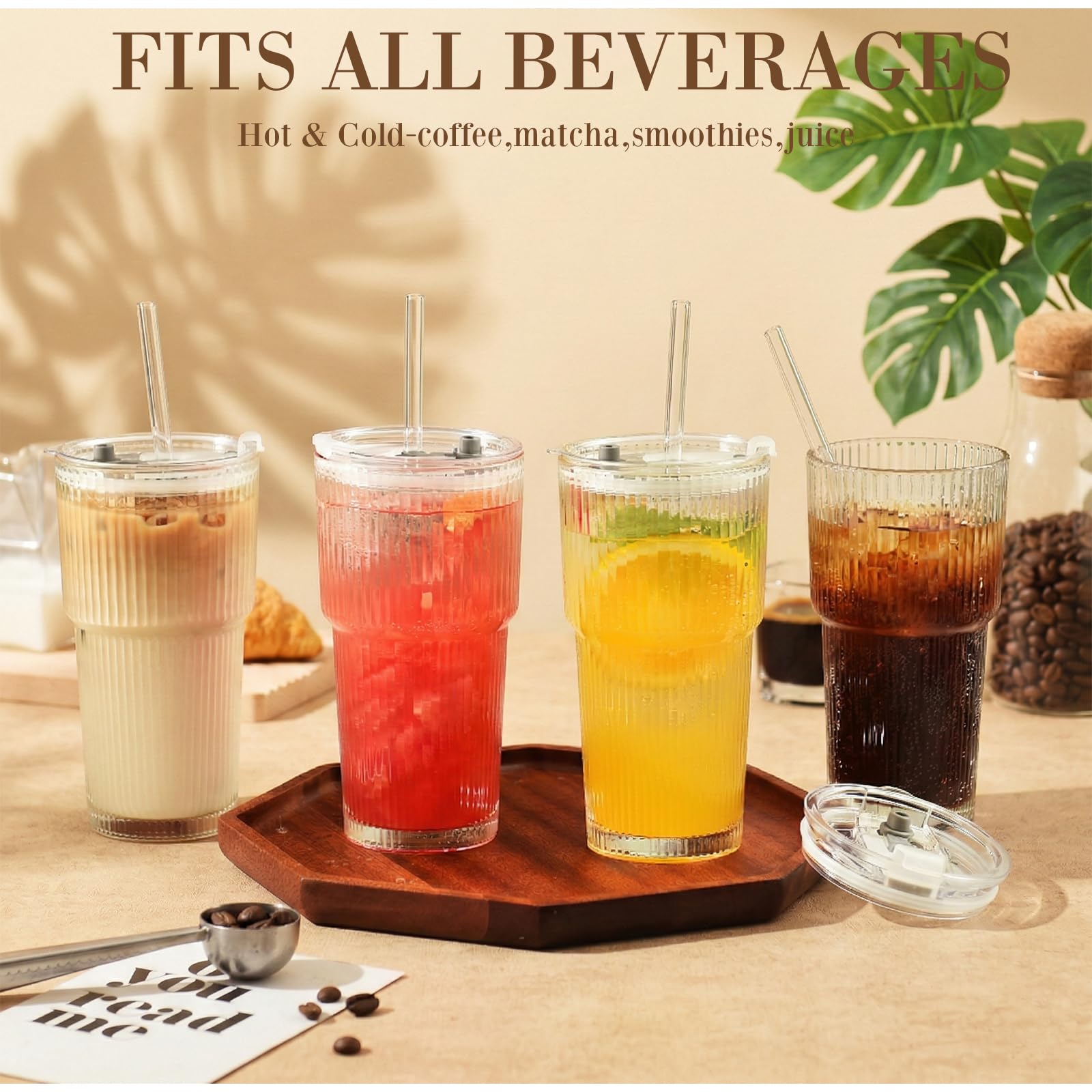 VITEVER Juego de 2 vasos de cristal acanalados de 600 ml con tapa y pajita, vasos de café helado, juego de vasos largos, vasos para batidos, diseño hermético e impermeable, ideal como café
