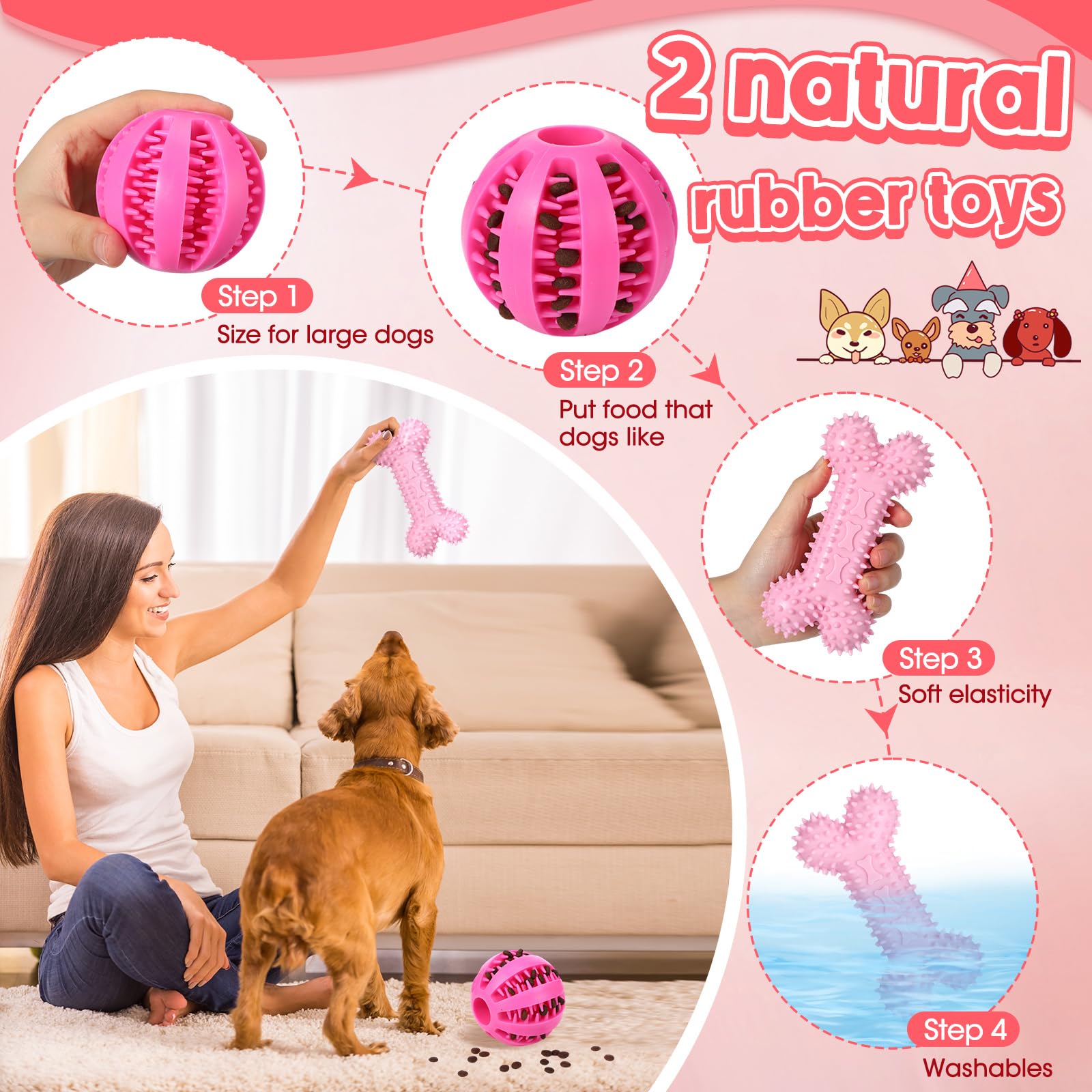 Vinsot Kauspielzeug für große Hunde für aggressive Kauer, rosa Hunde, Zahnspielzeug mit Zahnseil, Quietschbälle und Kauknochen, für mittelgroße und große Rassen, 12 Stück