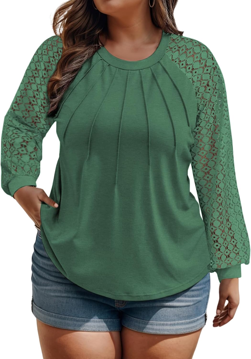 Women's Plus Size Tops Fashion Lace Long Sleeve Shirts Casual Fall Knitted Tunics Dressy Going Out Crewneck Blouses XL-5XL