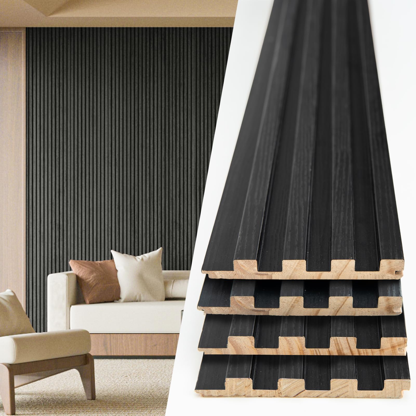 - Slat Wood Wall Paneling for Interior and Ceiling Decoration - Pack of 4pcs + 1pc End-Trim, Size 108 x 5.7in.- Black