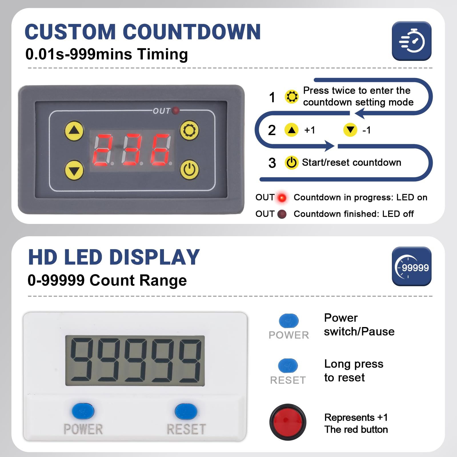 Compteur de tours numérique à LED, compte à rebours de 0,01 à 999 min, compteur de tours numérique avec réinitialisation et pause, compteur à bouton-poussoir pour entraînement de gym, entraînement de