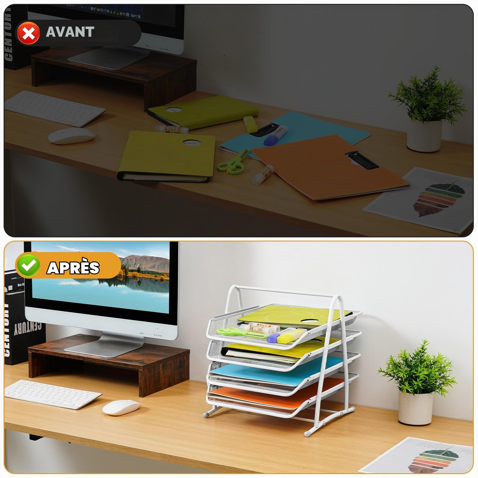 Marbrasse Organisateur de Bureau Plateau Documents,Dossier A4,Caisson de Bureau,Classeurs,Bureau d'Ordinateur,Matériau en Maille Métallique (Blanc)