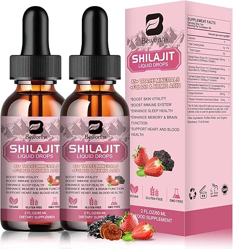Paquete de 2 gotas líquidas de resina Shilajit  Complejo Shilajit puro para hombres y mujeres con Ashwagandha, cúrcuma, ginseng, chaga  Más de 85