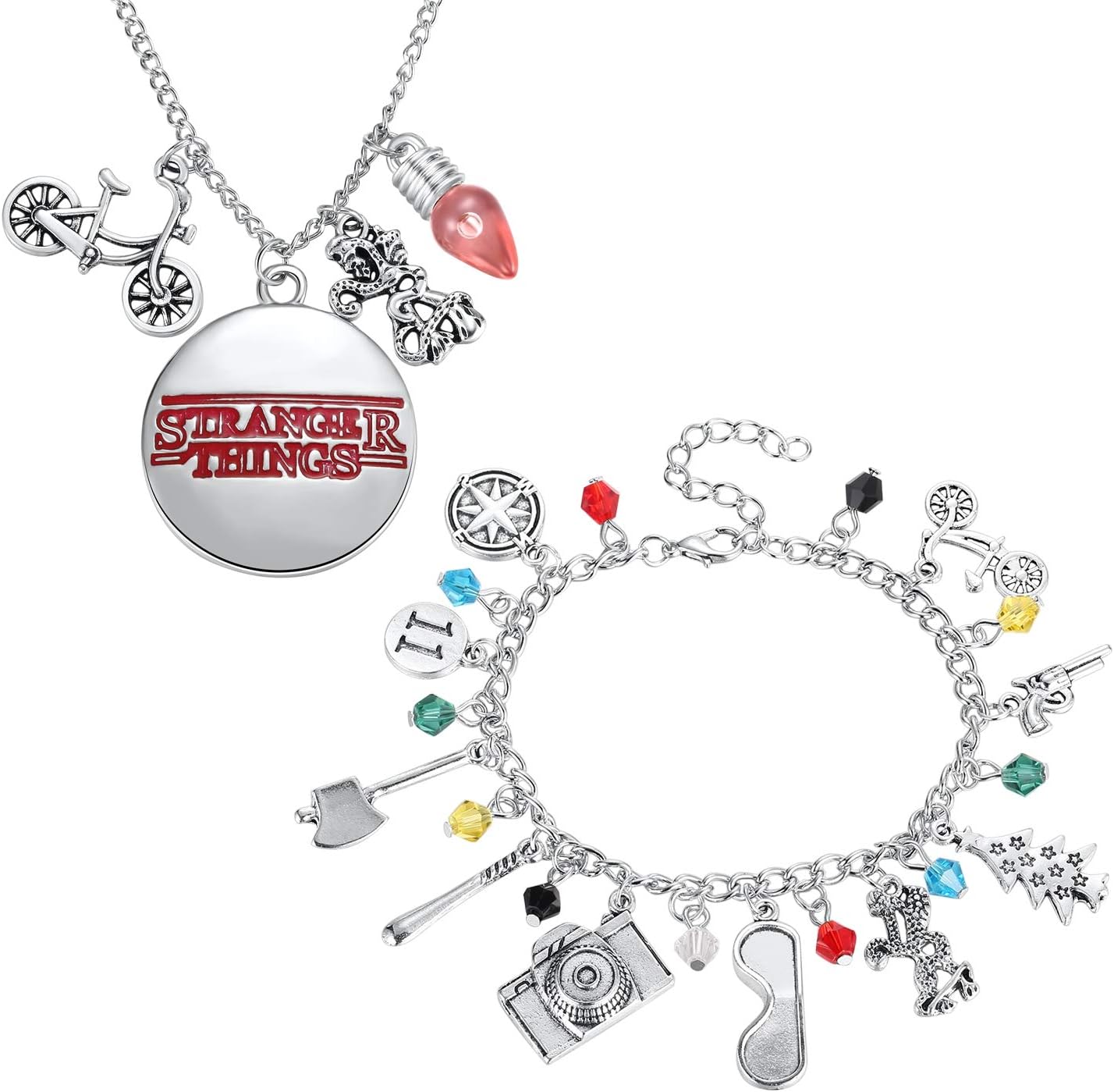 Hazado stranger things jewelry32PC Stranger Things Themed Charm Bracelet And Necklace Set Best Things for Kids Girls Teens Women Men for Collection Halloween Cosplay Gifts
