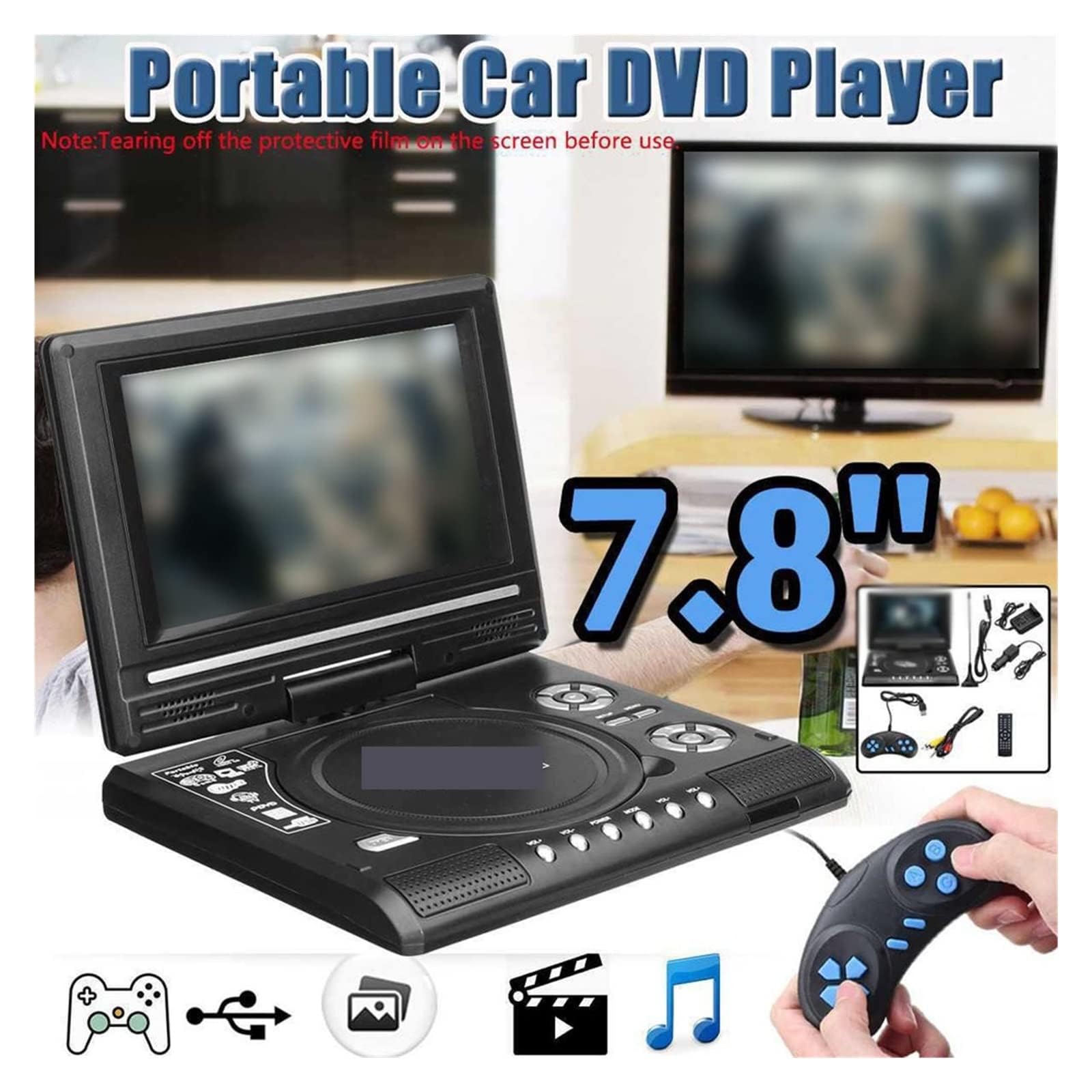 Lettore DVD portatile con schermo LCD girevole HD da 7,8 pollici, funzione mini TV, lettore DVD/VCD/CD/MP3, supporto USB e scheda SD, ingresso/uscita AV, batteria ricaricabile integrata per uso