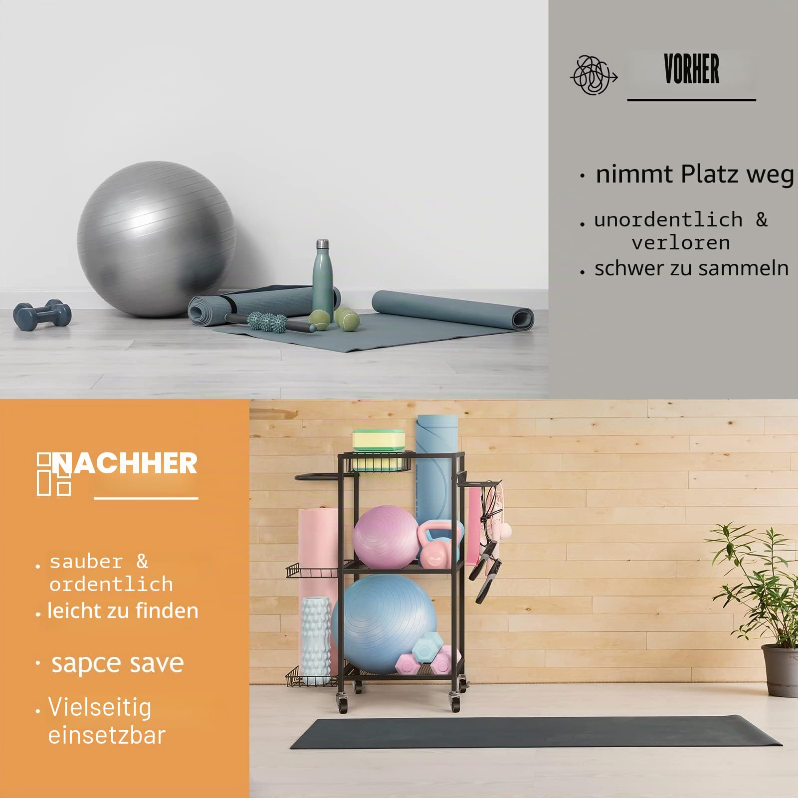 LIANTRAL Hantelständer, Yogamatte Aufbewahrung mit Rädern und Haken, Fitnessgeräte Aufbewahrungsregal, multifunktionaler Kurzhantelständer Yoga Matte Hantelablage, Gewichtsregal für Heim-Fitnessstudio