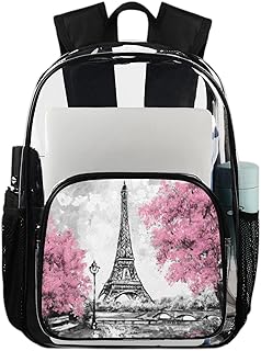 Mochila transparente com pintura da Torre Eiffel, mochila transparente à prova d'água romântica Paris mochila transparente de PVC com alça de ombro reforçada para escola, trabalho, viagens, Multicor
