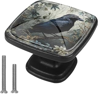 4 Pack Kitchen Cabinet Knobs Forest Raven, Black Drawer Knobs Square Knobs for Cabinets and Drawers Single Hole Cabinet Hardware Cupboard Dresser Knobs