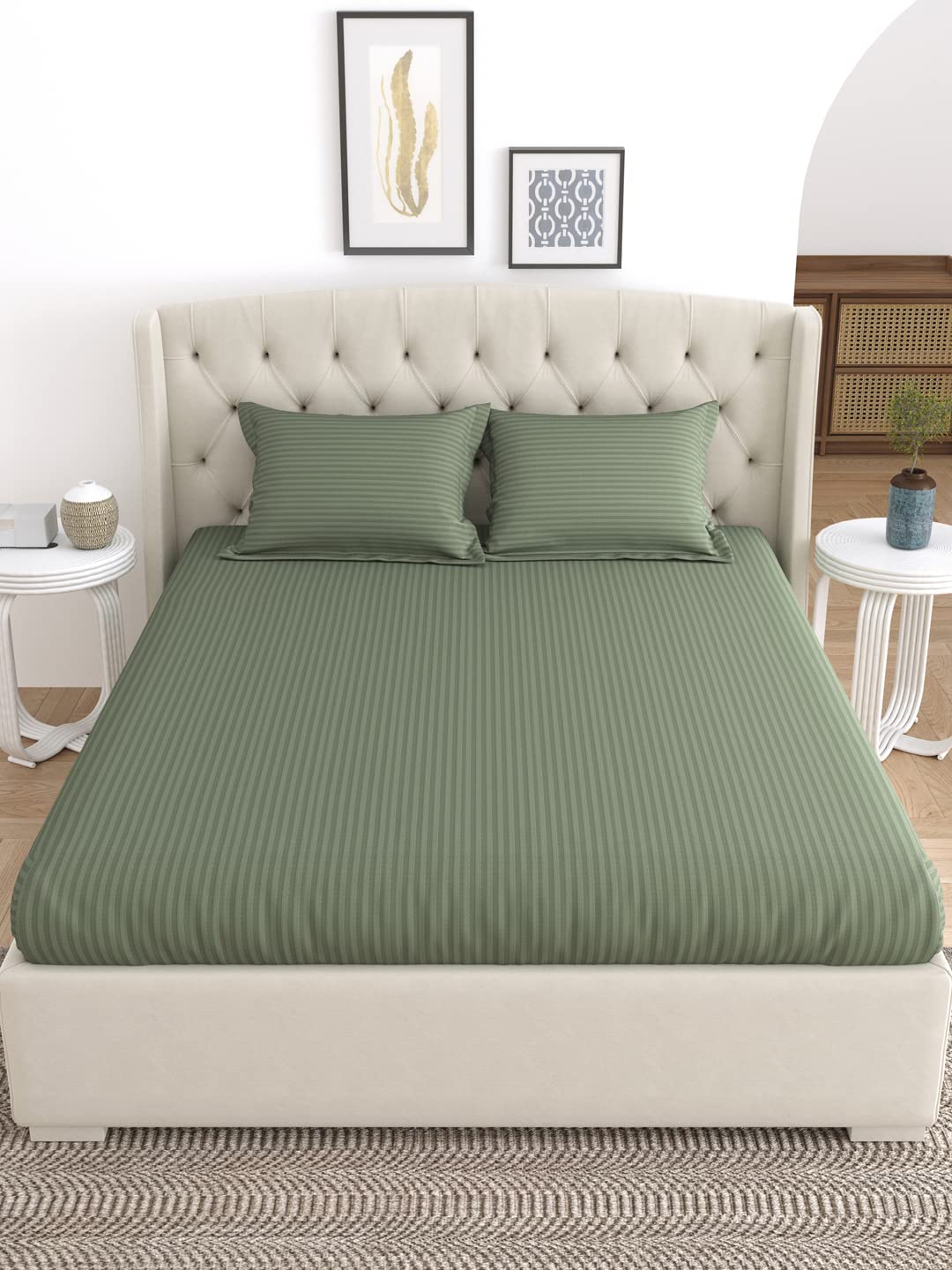 LINENWALAS 210 TC 100% Cotton Linen Striped Bedsheet for Single Bed Size Bedding with Pillow Cover for Bedroom, Soft Smooth Hotel Quality Flat Sheets with Pillowcase (60" x 90", Avocado Green)-image-39