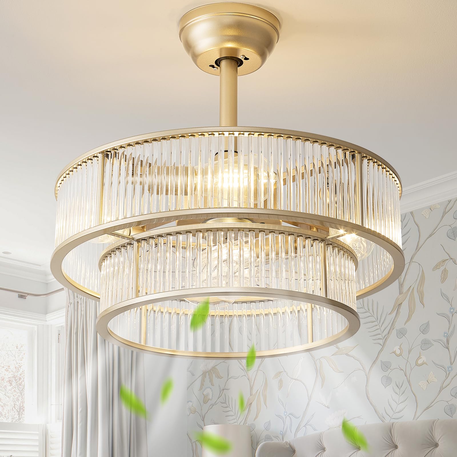 DSYBRI 20 Inch Gold Crystal Fandelier Ceiling Fan with Light, Mid