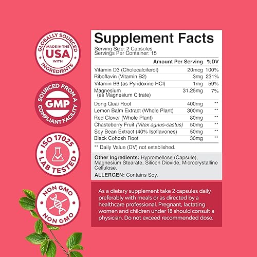 Miniatura 2 de Paquete de suplemento completo de menopausia herbaria para sudores nocturnos, estado de ánimo con Dong Quai Vitex Casto, Cohosh Negro y G Curve