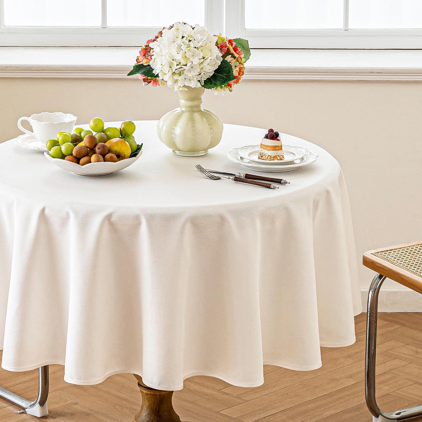 Photo 1 of Alsoo Table Cloth for Round Table, 60 Inch Linen Textured Tablecloth Waterproof Circle Tablecloths Wrinkle Free Fabric Farmhouse Table Cover for Dining Parties Buffets Holidays, Ivory White
