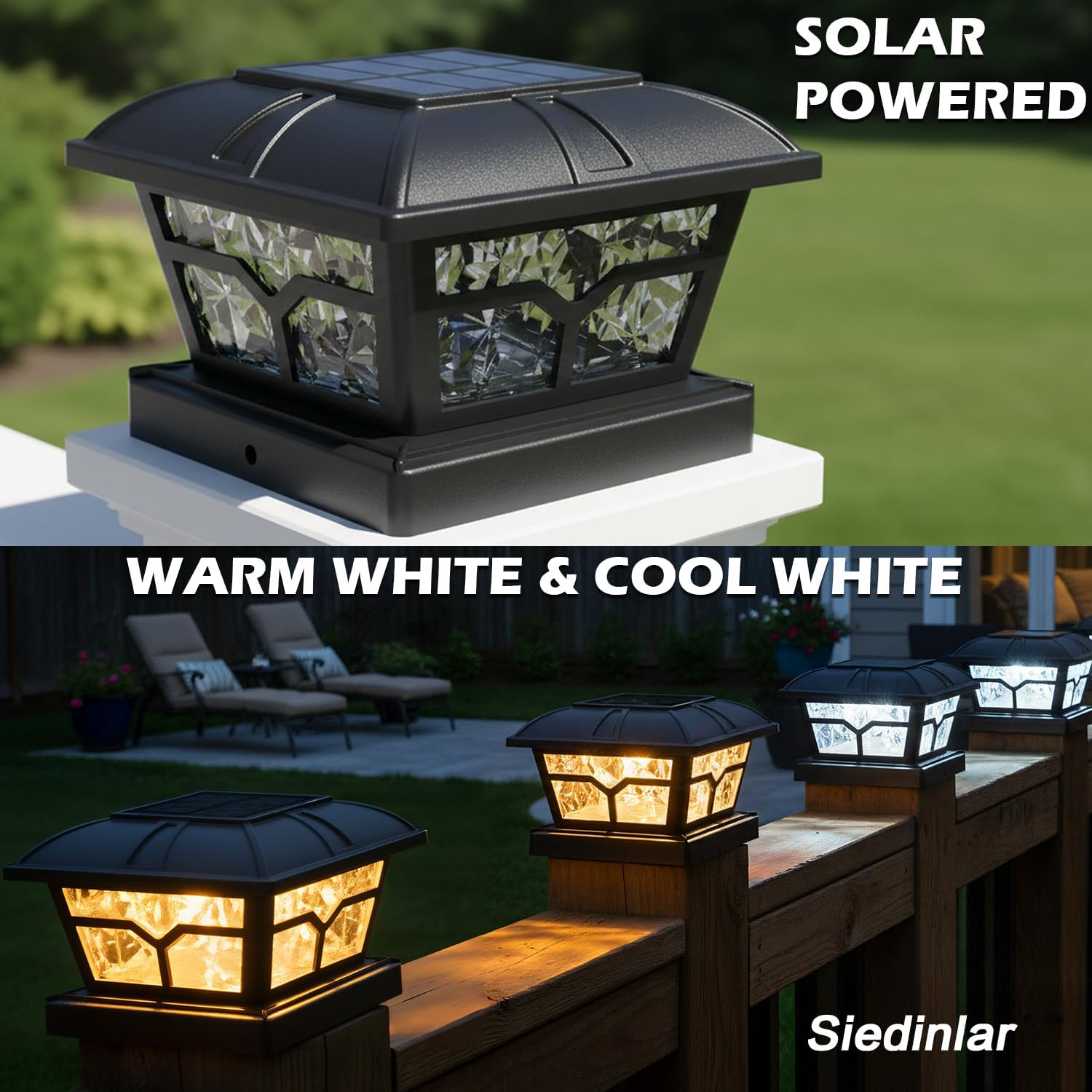 SIEDiNLAR Solar Post Cap Lights Outdoor 2 Color Modes 8 LEDs for 4x4 5x5 6x6 Wooden Vinyl Posts Fence Patio Deck Decoration Warm White & Cool White Lighting Black (10 Pack)