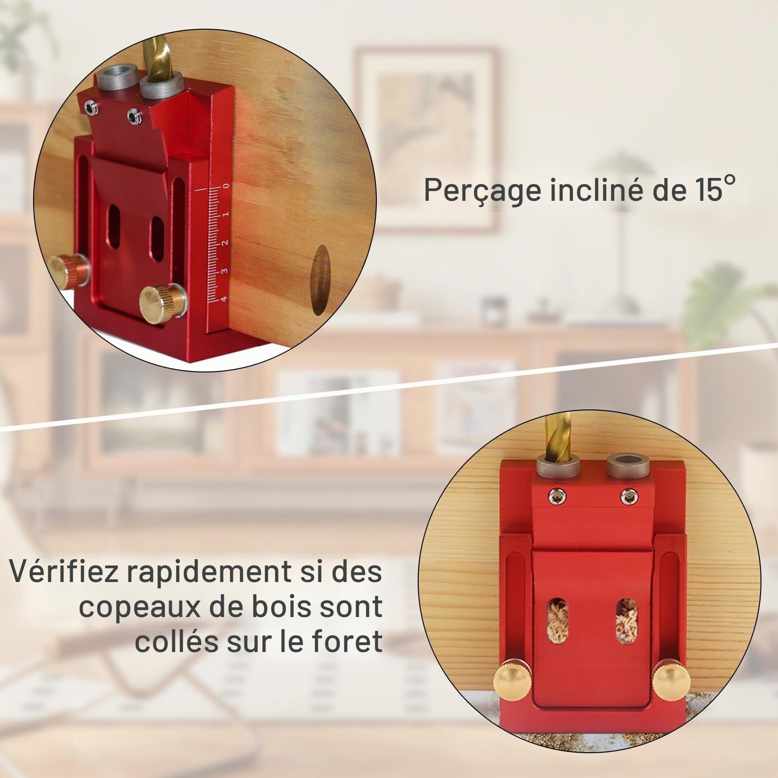 Adjustable Kit d'outils de Gabarit de Percage Oblique pour Menuiserie, Bleu Amovible Pocket Hole Jig, Avec 2 Forets de 9 mm, pour le Travail du Bois et la Fabrication de Meubles (Rouge)