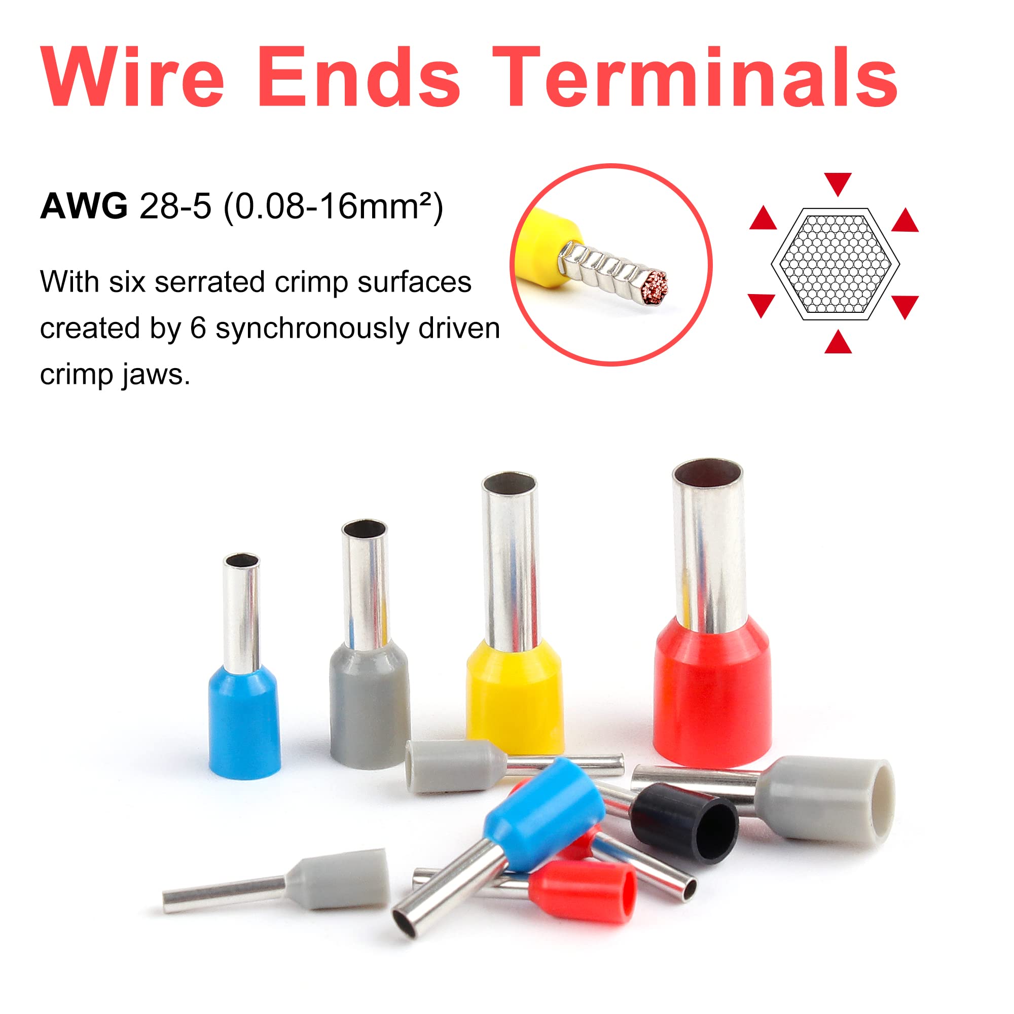 Herramienta de crimpado de virola hexagonal AWG 28-5 (0.08-16 mm²), crimpadora de virola de alambre Zhushan 16-6 con 1200 fundas de conector de terminal