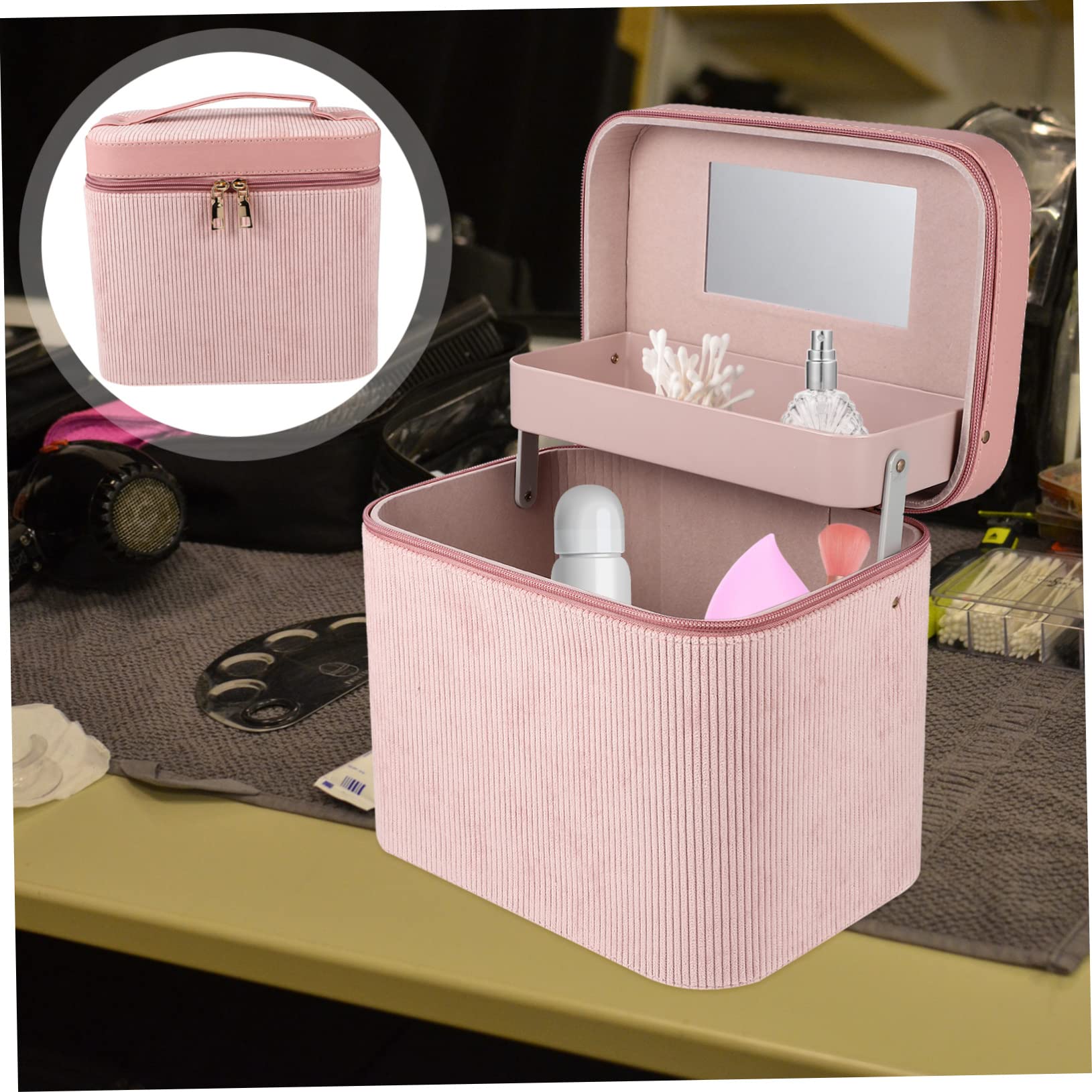 Mikinona Tragbarer Kulturbeutel Hartschale mit Spiegel Zweilagige Kosmetikaufbewahrungstasche aus Corduroy für Damen als Make Up Kasten und Reise Make Up Tasche