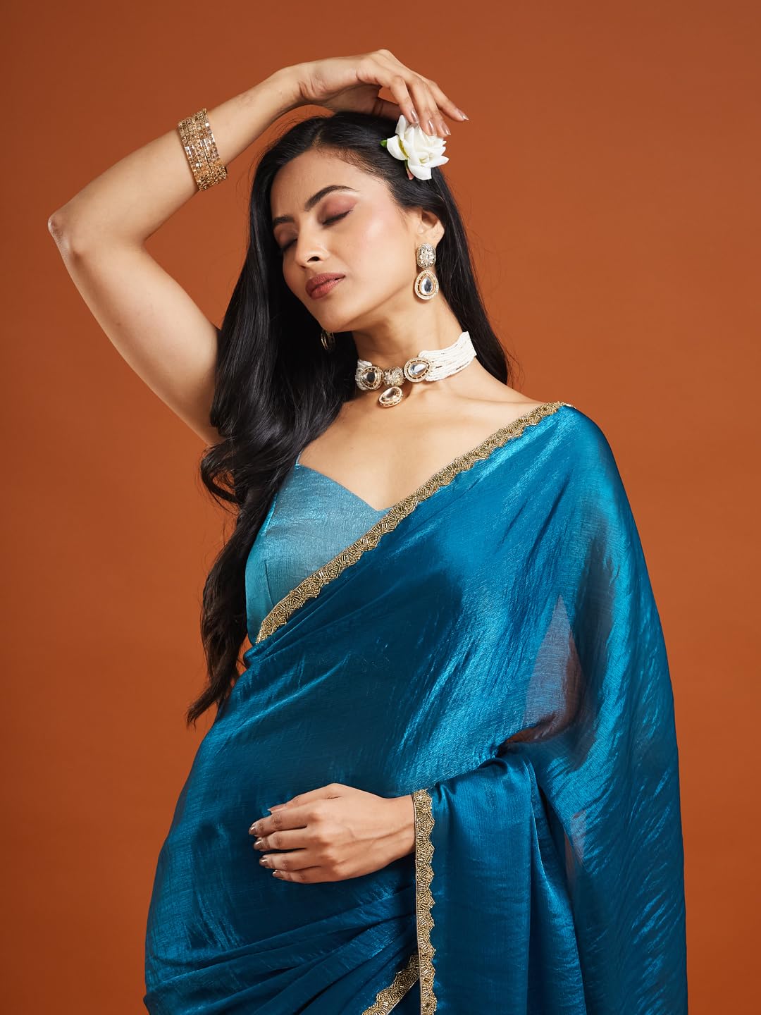 LOROFY Women's Two Tone Fendy Chiffon Saree (Rama) - Image 7 thumbnail