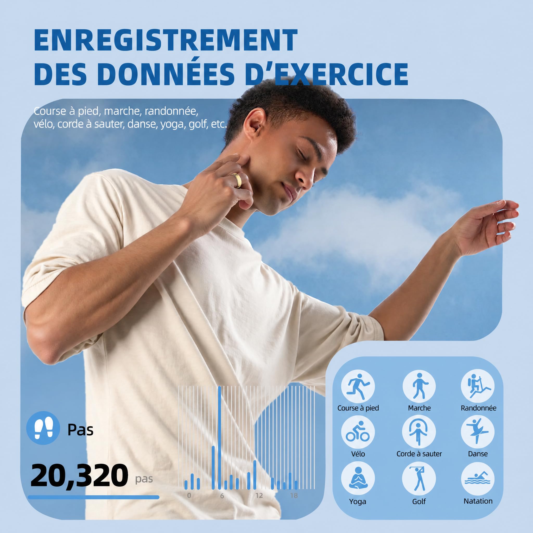 Bague connectée pour Homme et Femme – Capteur de Sommeil, Température Corporelle, Fréquence Cardiaque et Suivi Multi-Sports Étanche 5ATM, sans Abonnement(Or Élégant, 8)