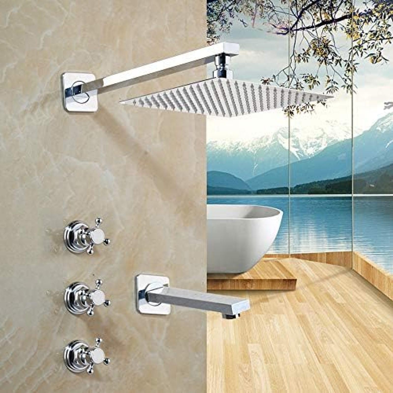 Robinet de douche mural en chrome brillant avec système de douche géométrique haut de gamme