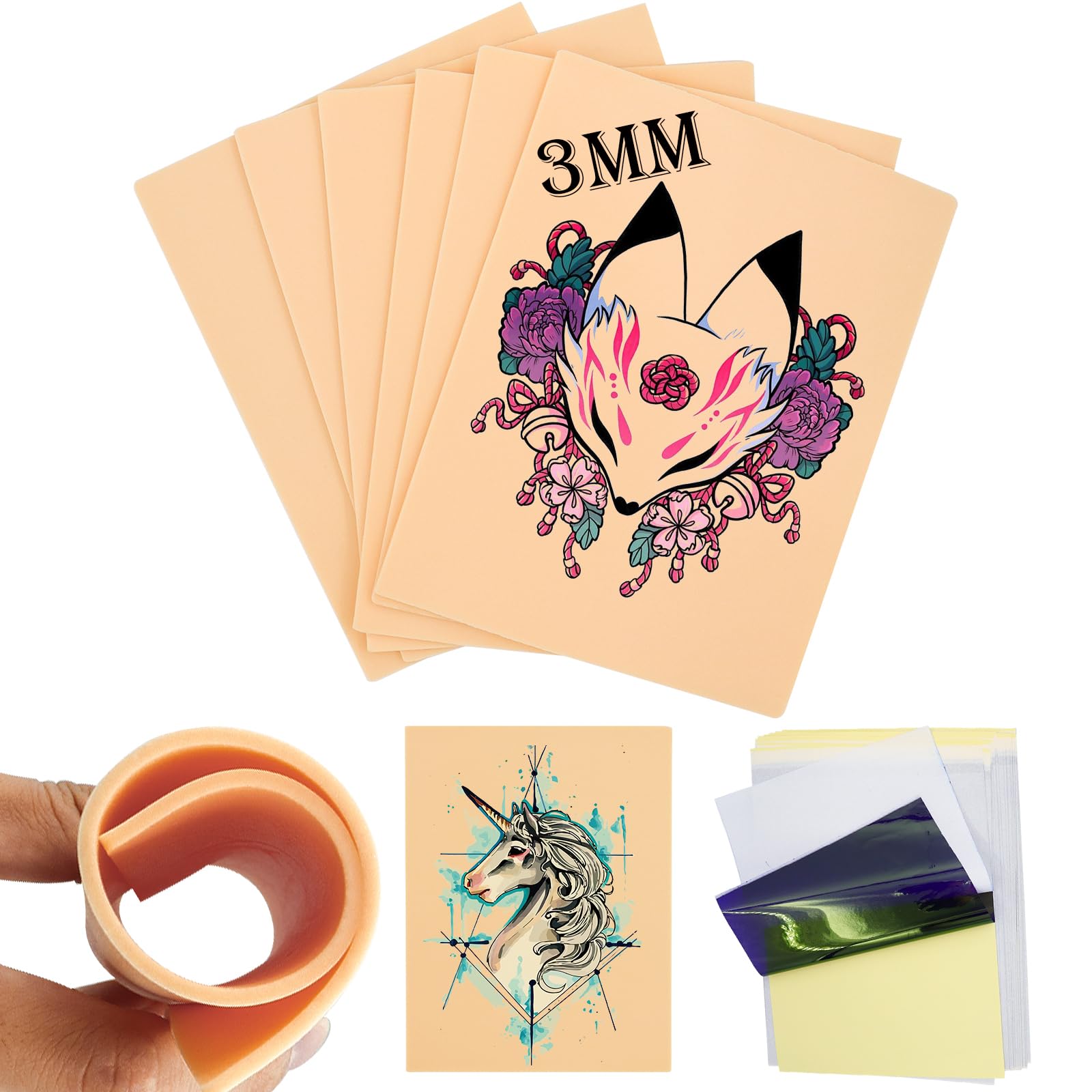 3MM Tattoo Practice Skin Kit, 26 Pcs Double Sided Fake Skin for Tattoos | with Tattoo Stencil Paper & Transfer Paper - Tattoo Skin Practice Set for Beginners & Artists, Ideal for Tattooing