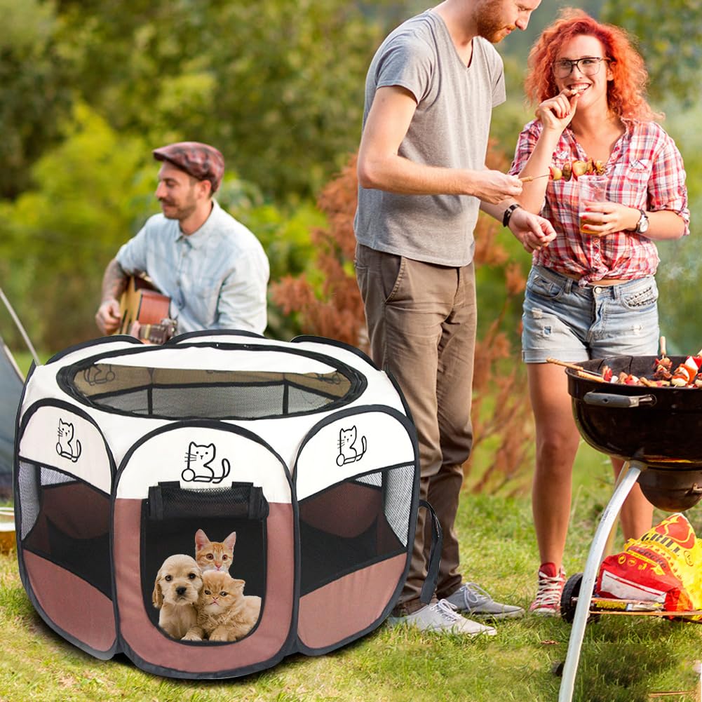 Parque Plegable para Mascotas 74x74x43cm – EUBSWA Parque Ideal para Perros, Gatos, Animales Pequeños, Interior y Exterior (Marrón)