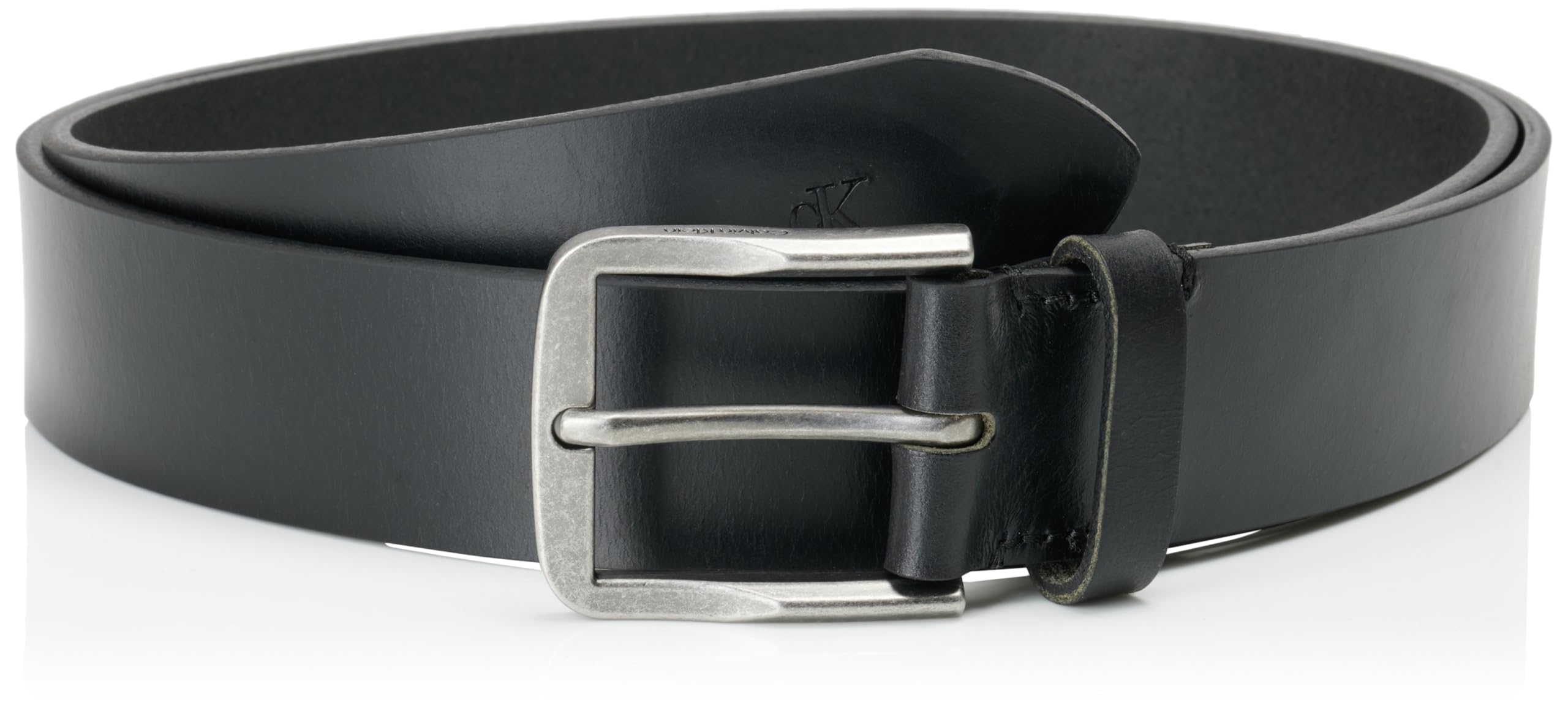 Calvin Klein Men’s Classic Flat 3.5 cm Leather Belt, Black (Black/Antique Silver), 43.3 inches