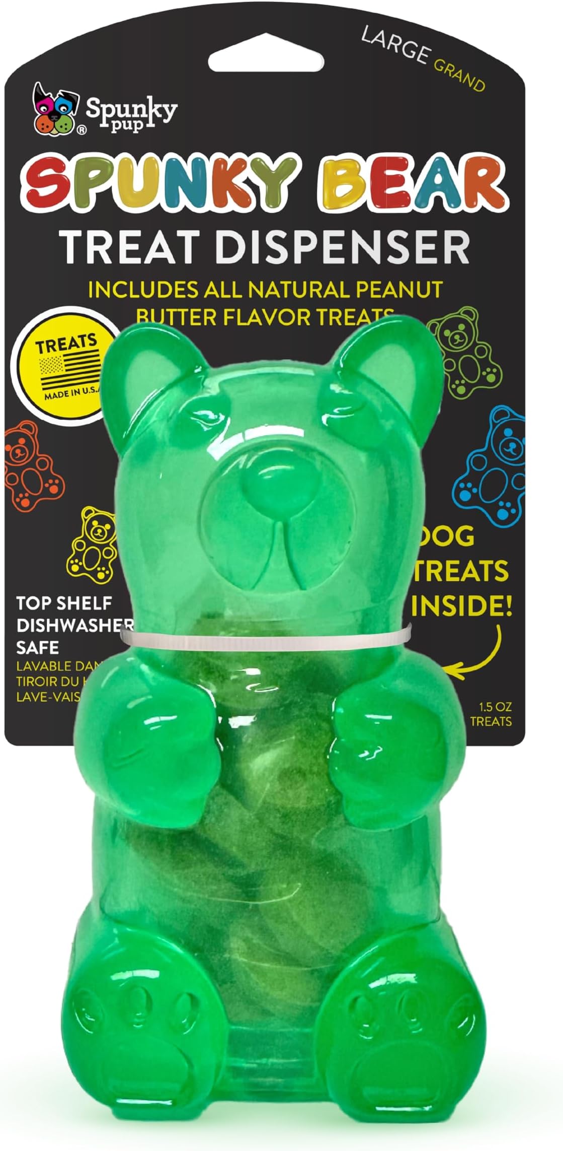 Spunky Bear Interactive Dog Toys with Treats Included - Treat-Holding Puzzle for Boredom & Stimulation - Peanut Butter Flavor - Dishwasher Safe - Assorted Neon Colors- Large
