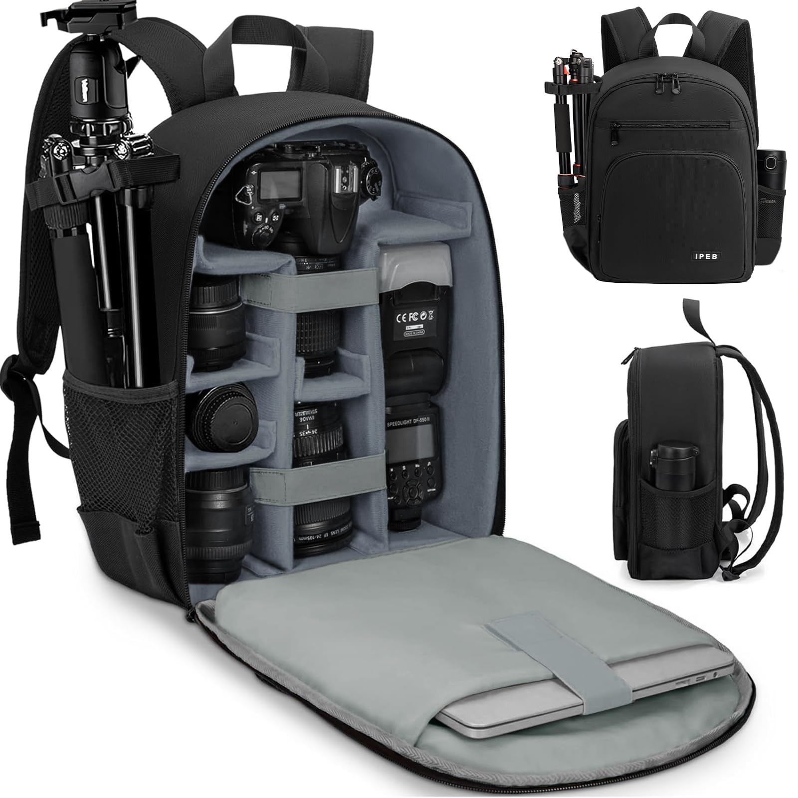 IPEB Camera Backpack for Photographers, DSLR Camera Bag, Professional Photography Case with 13.5 Inch Laptop Compartment & Tripod Holder & Waterproof Rain Cover Compatible for Sony Canon Nikon Black