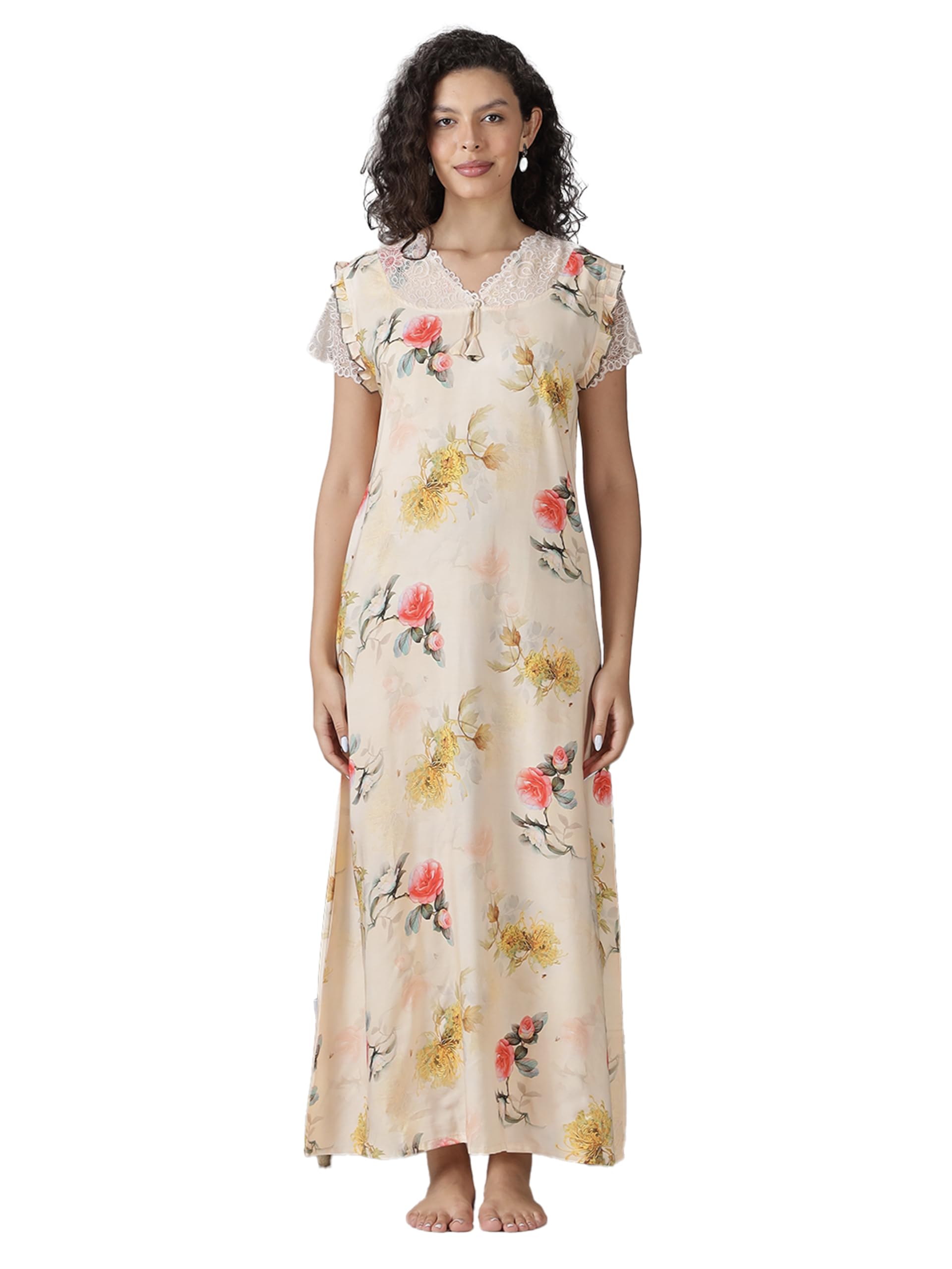 Stylish Rayon Nighty Maxi for Women | Full Length Trendy Nightgown with Side Pocket | Premium Nightdress | Short Sleeves Nightwear | All over print | Soft & Comfortable Lougewear (Rayon)-image-21