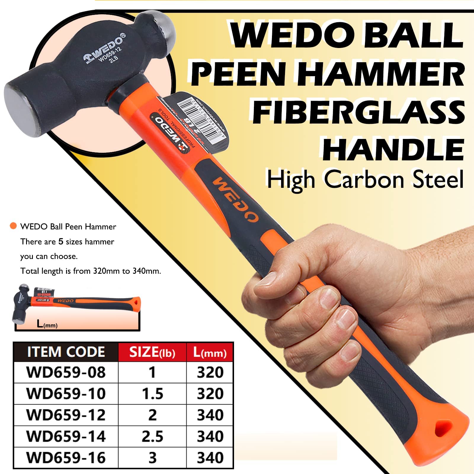 WEDO Martello a sfera 1350 g, con manico in fibra di vetro, manico antiscivolo, acciaio al carbonio, lunghezza 340 mm