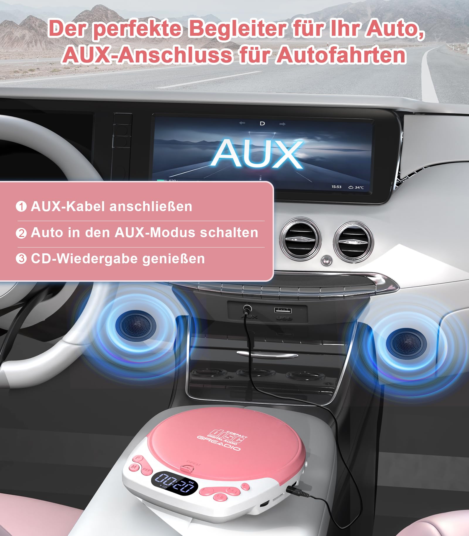 Greadio Lecteur CD portable avec casque - Lecteur CD rechargeable pour voiture et maison - Lecteur CD Walkman avec fonction anti-glisse - Prend en charge CD/MP3/WMA/TF/AUX/verrouillage (rose)