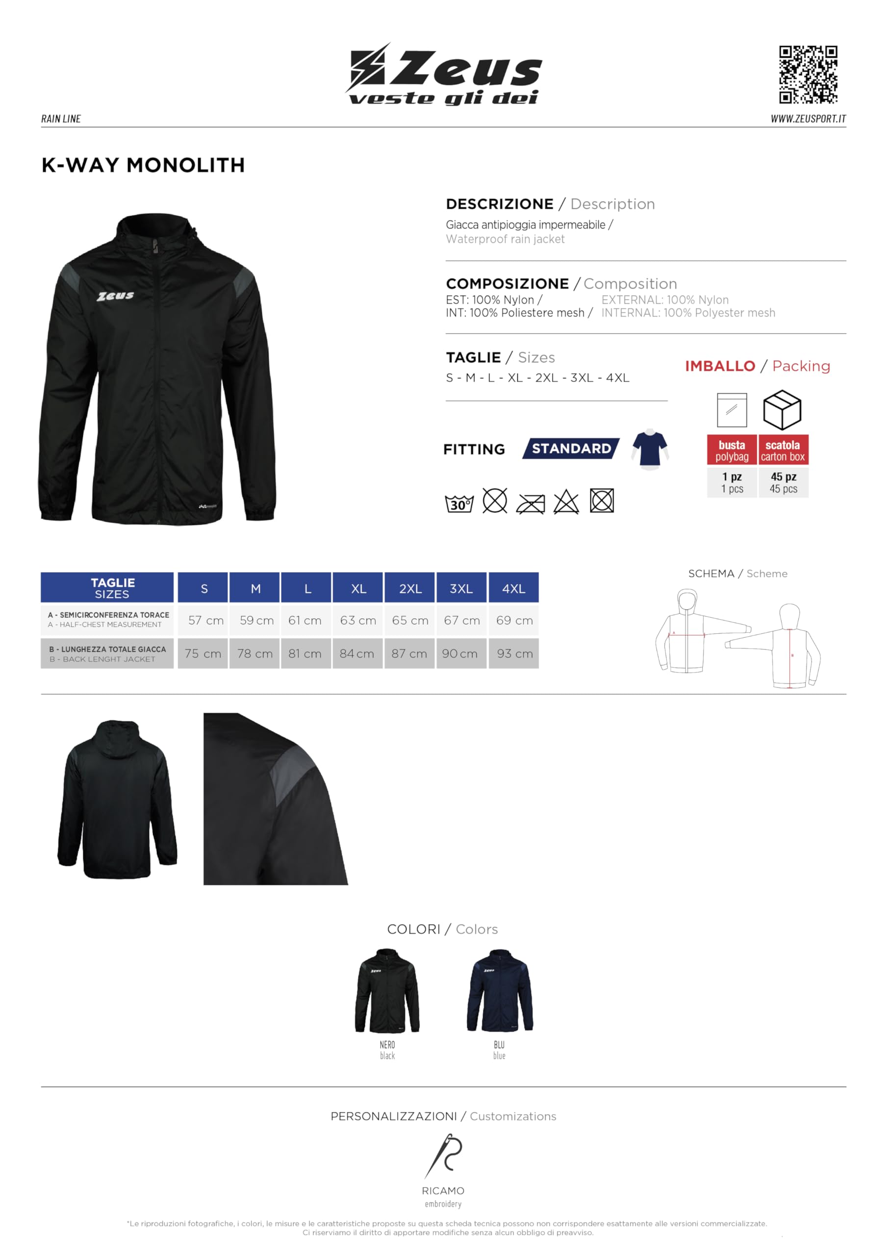 Rain Monolith per Zeus Impermeabile Giacca Antipioggia Sport Calcio Calcetto Allenamento Fitness Palestra Football Tracksuit Training Relax Free Time Tempo Libero