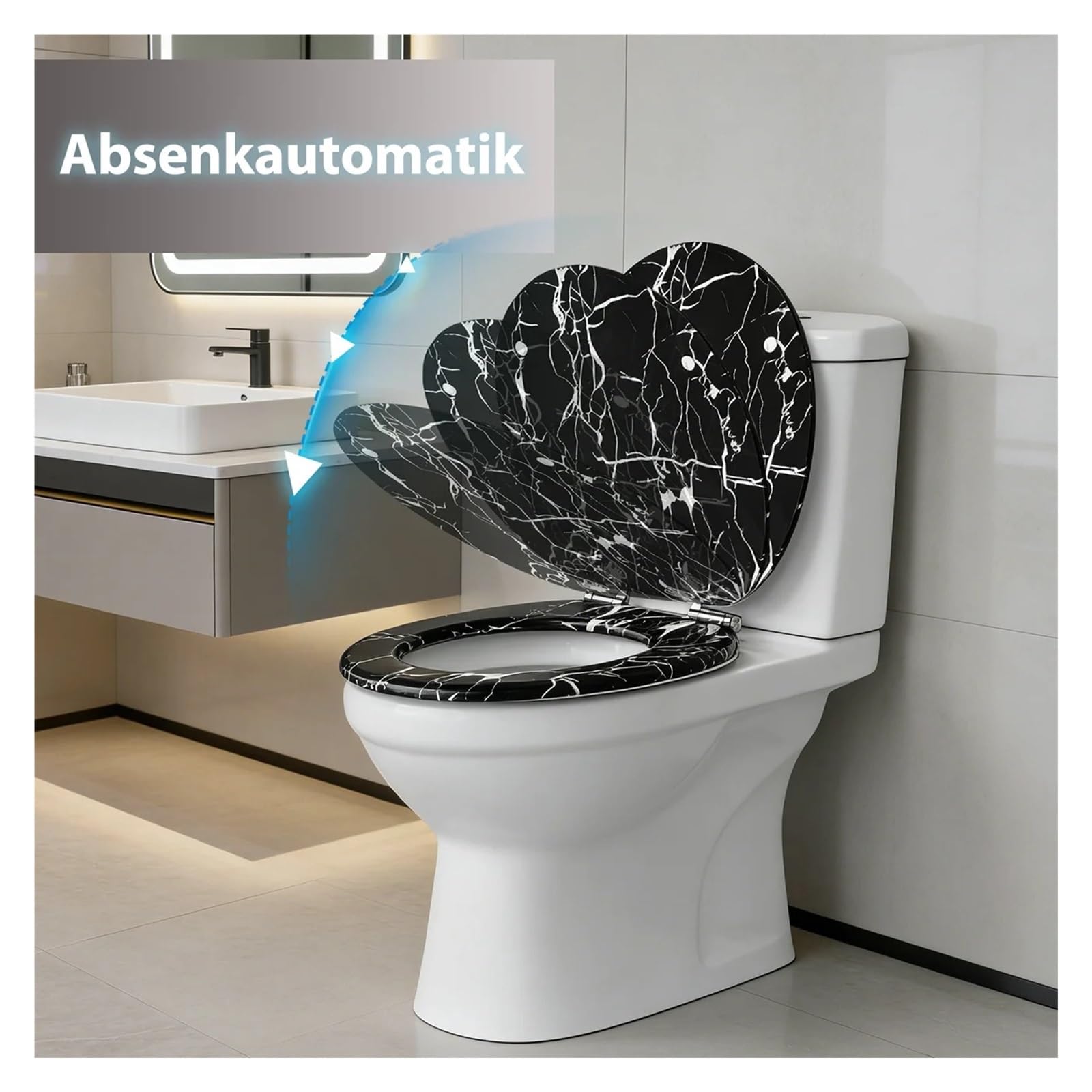 Sedile WC Con Coperchio Chiusura Ammortizzata, Antibatterico Anima In Legno Mdf, Motivo Marmo Robusto E Confortevole