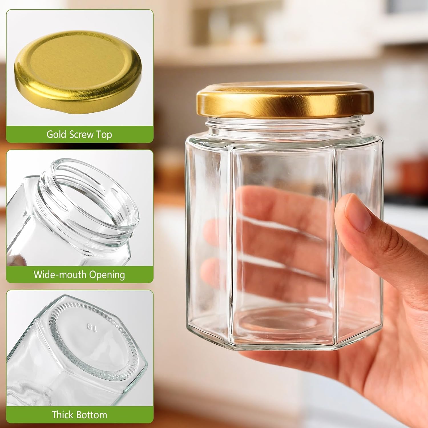 30 Pack 6 oz Glass Jars with Gold Lids - Airtight Hexagon Honey Jars image 3