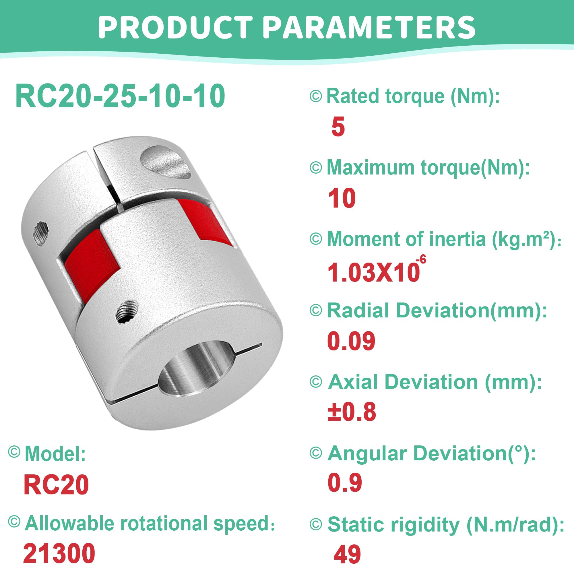 Acopladores Flexibles de Aluminio 10 mm a 10 mm, Conector Acoplamiento de Eje para impresora 3D CNC servomotor (D20 L25)