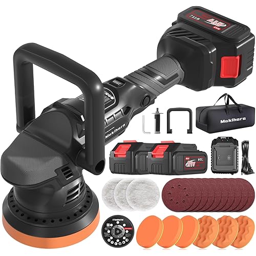 Cordless Buffer Polisher, 5 Inch Random Orbital Car Polisher Waxer, 6 Variable Speed 1000-5200 RPM, 21V 3.0Ah Batteries , 28Pcs Polishing Kit,for Car Polishing, Waxing, Boat Sanding, Scratch Removing