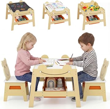 GYMAX Kids Table and Chairs Set, 5 in 1 Toddler Activity Table with 2 Chairs, Reversible Tabletop, 4 Hooks and Storage Bins, Wooden Children Desk Set for 3-10 Years Old Natural, 70 x 60.5 x 50 cm
