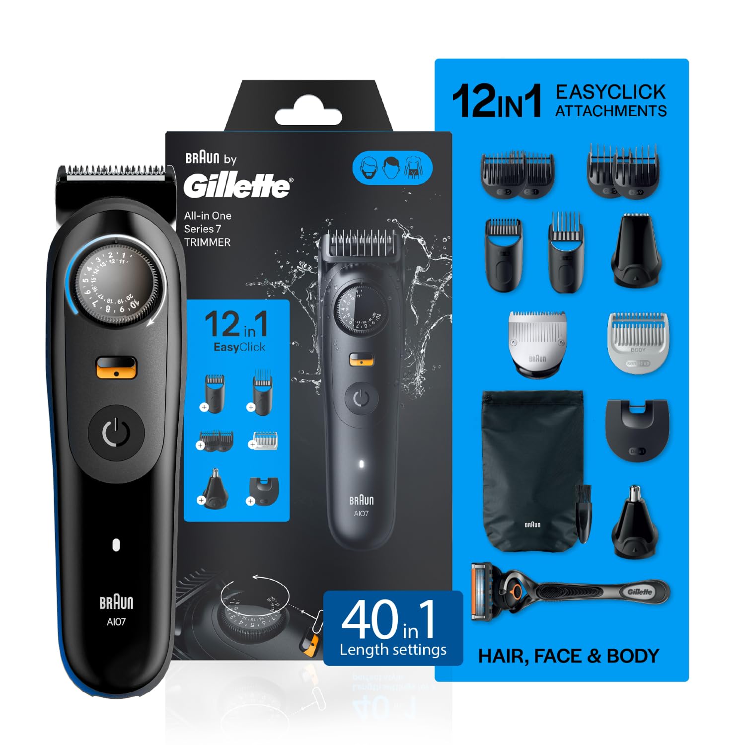 Gillette Series 7 All-in-One Beard & Body Trimmer for Man (by Braun) with Fusion Proglide Razor | ProBlade Technology | 40 length settings with Metal Body for Face, Body, Head & Private Parts | Sensitive Body Comb for body grooming | 12 on top Attachments | 120 Min Runtime | 5 Min Quick Charge | 100% Waterproof — image 1 of 6