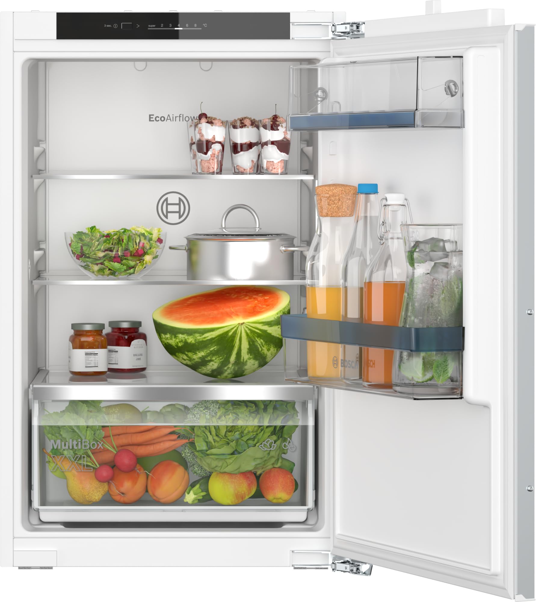 Bosch KIR21VFE0 Einbau-Kühlschrank Serie 4, integrierbarer Kühlautomat ohne Gefrierfach 88x56 cm, 136L Kühlen, Flachscharnier, MultiBox XXL, LED-Beleuchtung, EcoAirflow, SuperCooling