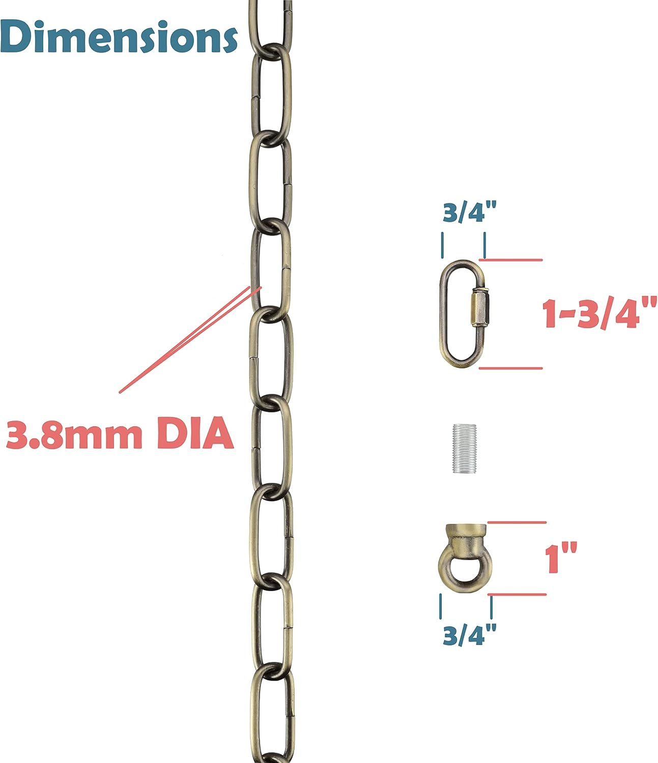 Aspen Creative 21115-51,Steel 10 Feet Heavy Duty Chain & Quick Link Connector for Hanging Up Maximum Weight 50 Pounds-Lighting Fixture/Swag Light/Plant in Antique Brass.9 Gauge.